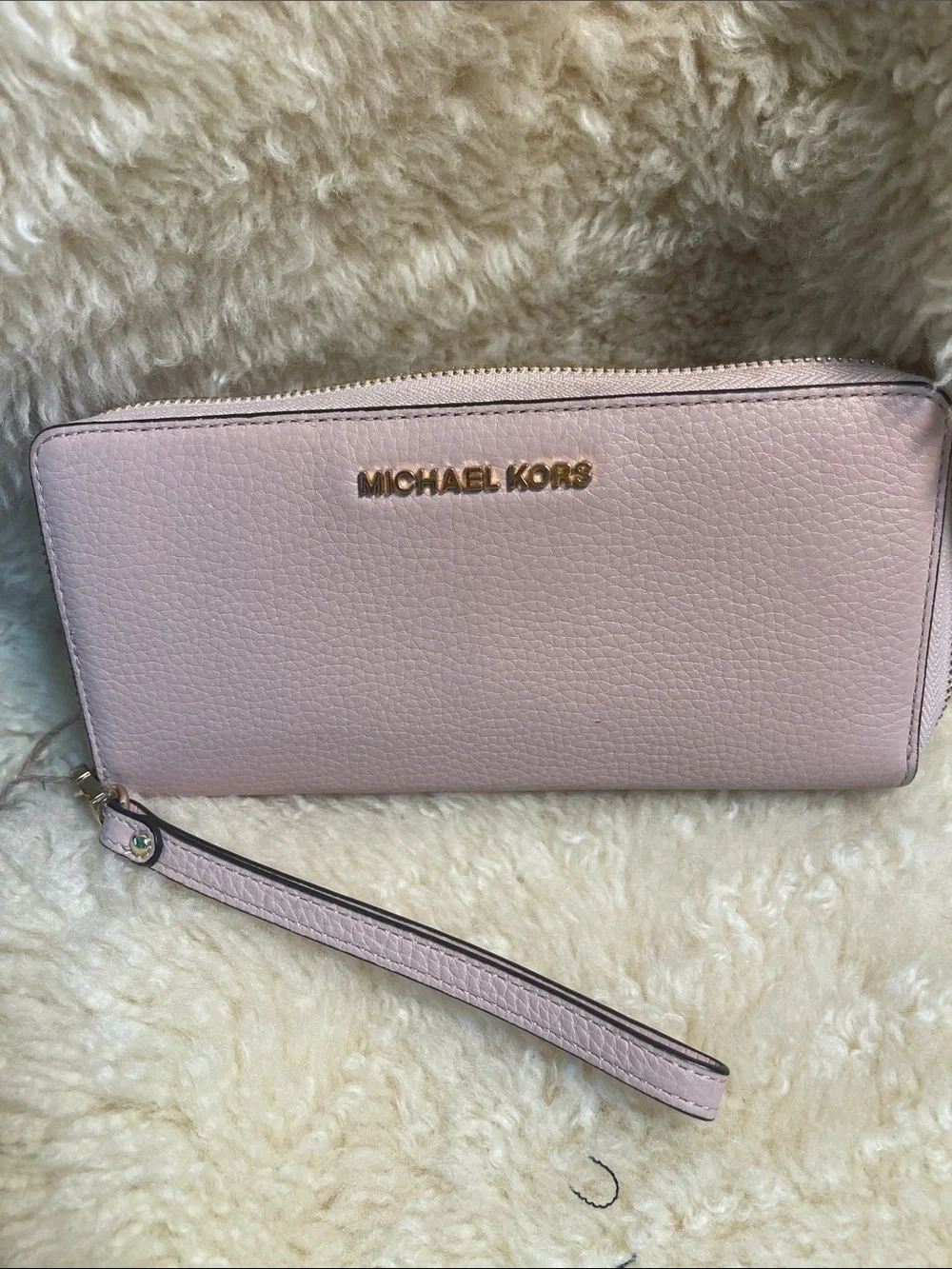 Michael Kors Light Pink Pebbled Leather Wristlet Wallet with Gold Logo